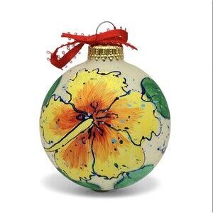 VTG Diane Artware Hand Painted Hibiscus Flower Glass Ornament St Thomas Signed